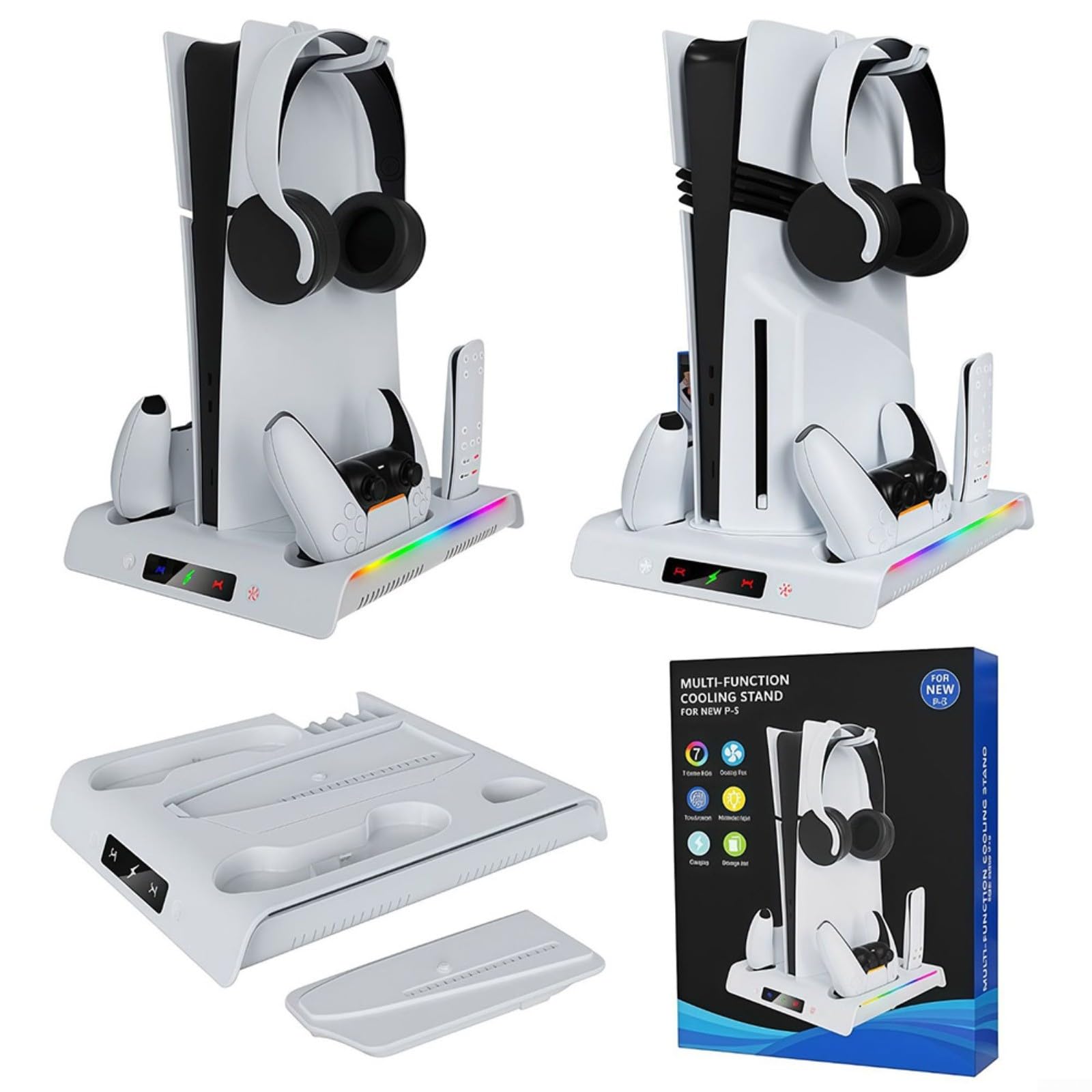 Livello di raffreddamento multifunzione per PS5 Slim/Pro, luce d'atmosfera RGB, 2 slot di ricarica per controller, memoria disco, design bianco