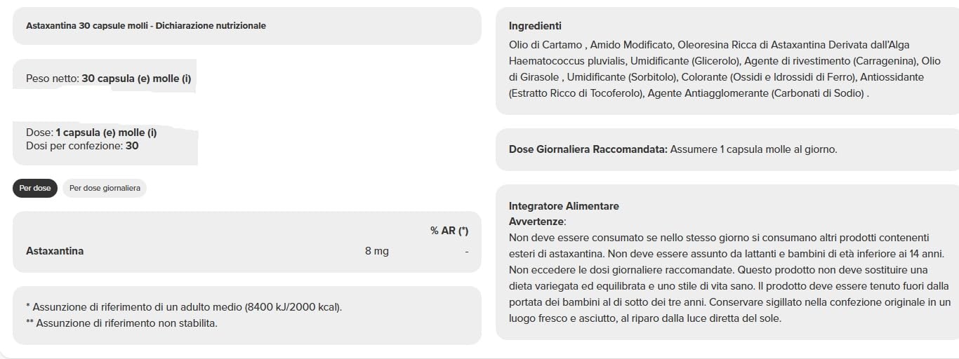 Astaxantina Prozìs 30 softgels- potente antiossidante naturale. 600 volte piu potente di Vitamina C