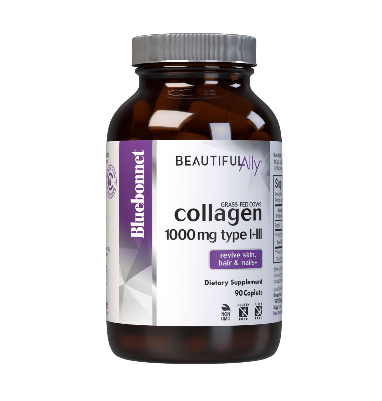 Bluebonnet Nutrition Beautiful Ally Collagen Caplets, Hydrolyzed Collagen from Grass Fed Cows, Collagen Peptides Type 1 & 3, Non GMO, Gluten Free, Soy Free, Milk Free, 90 caplets, 90 Day Supply