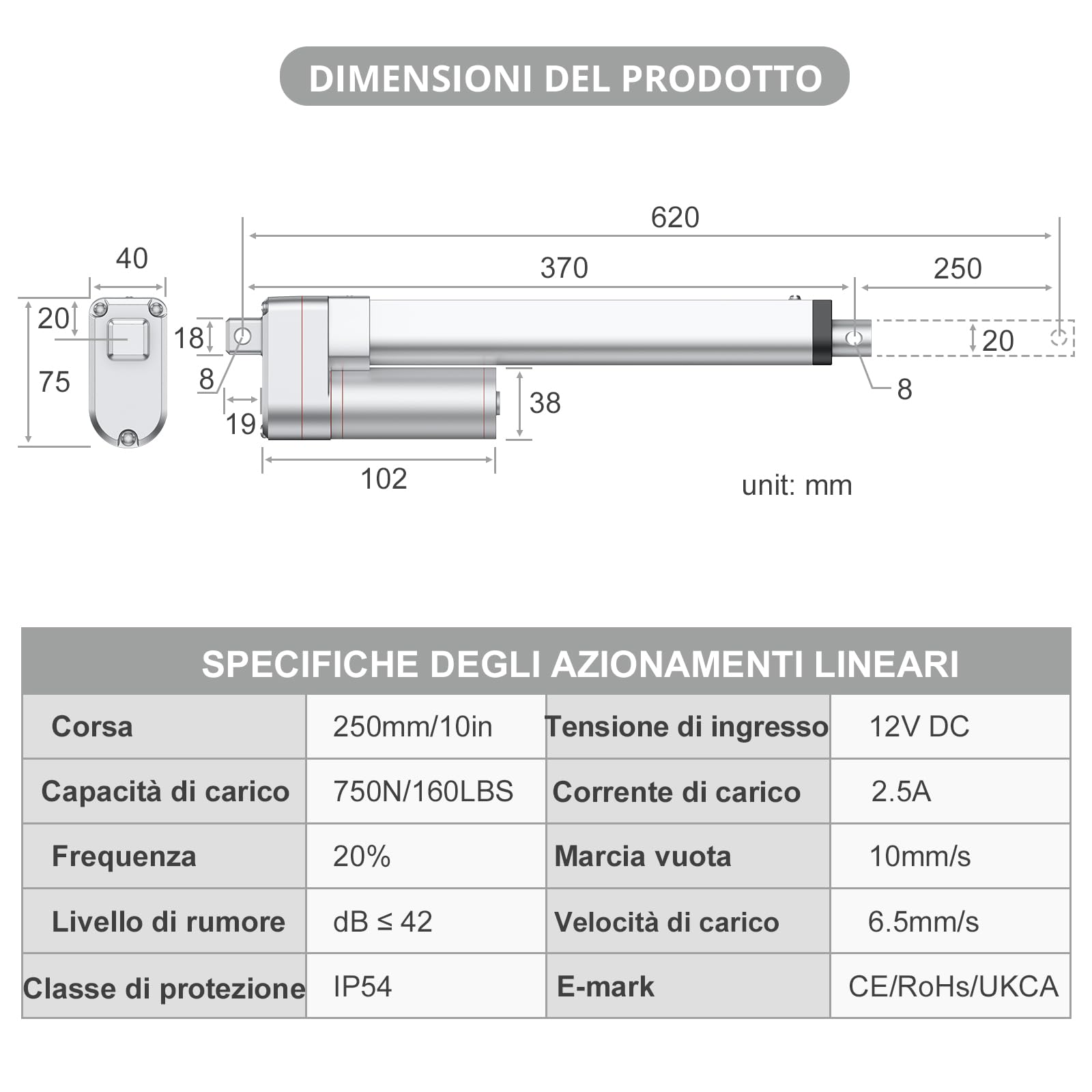 Justech 12v DC 750N 250mm Attuatore Lineare Multifunzione Motore per Automazione Medicale Piccolo Corsa di Sollevamento Servizio Gravoso Massimo (250mm) per Uso Elettrico Medico
