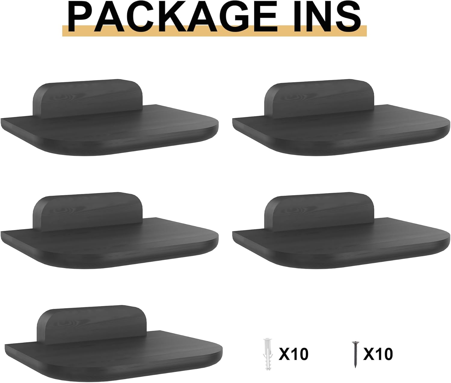 Small Floating Shelves Wall Mounted - 8 Inch Wall Shelves with Curved Edges Set of 5, Solid Wooden Mini Shelf for Bedroom, Living Room, Bathroom, Kitchen, Office (Black)