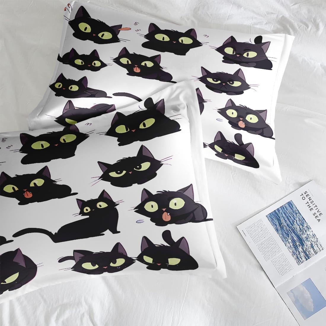 Cute Cat Funny Comforter Set Queen Size Anime Witch Black Includes Comforter & Pillowcase Bedding for All Seasons Kids and Adults Bedroom Bed Decor