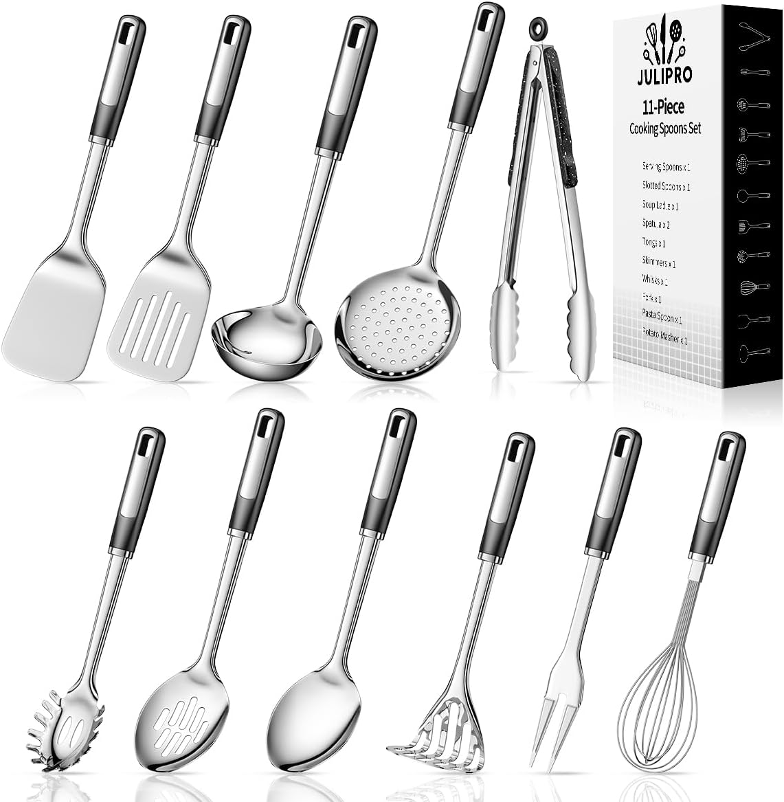 11 pcs Cooking Utensils Set,Stainless Steel Kitchen Utensils,Kitchen Tools Include Solid & Slotted Spatula, Serving Spoon, Ladle, Pasta Server,Potato Maseher, Egg Whisk,tongs,fork,Skimmers