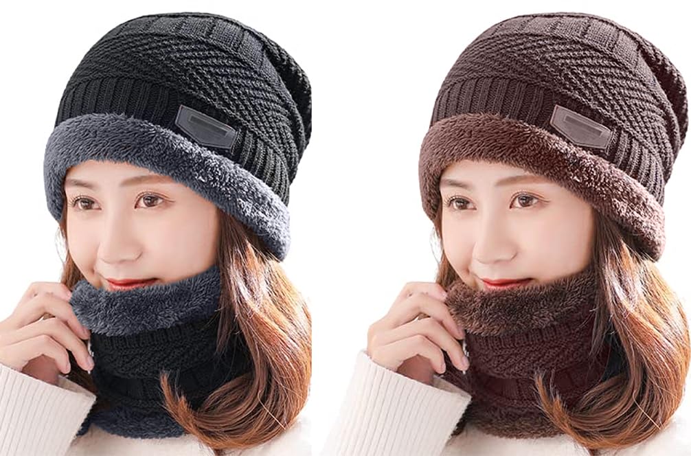 Winter Woolen Cap and Neck Warmer Scarf Set For Women-image-18