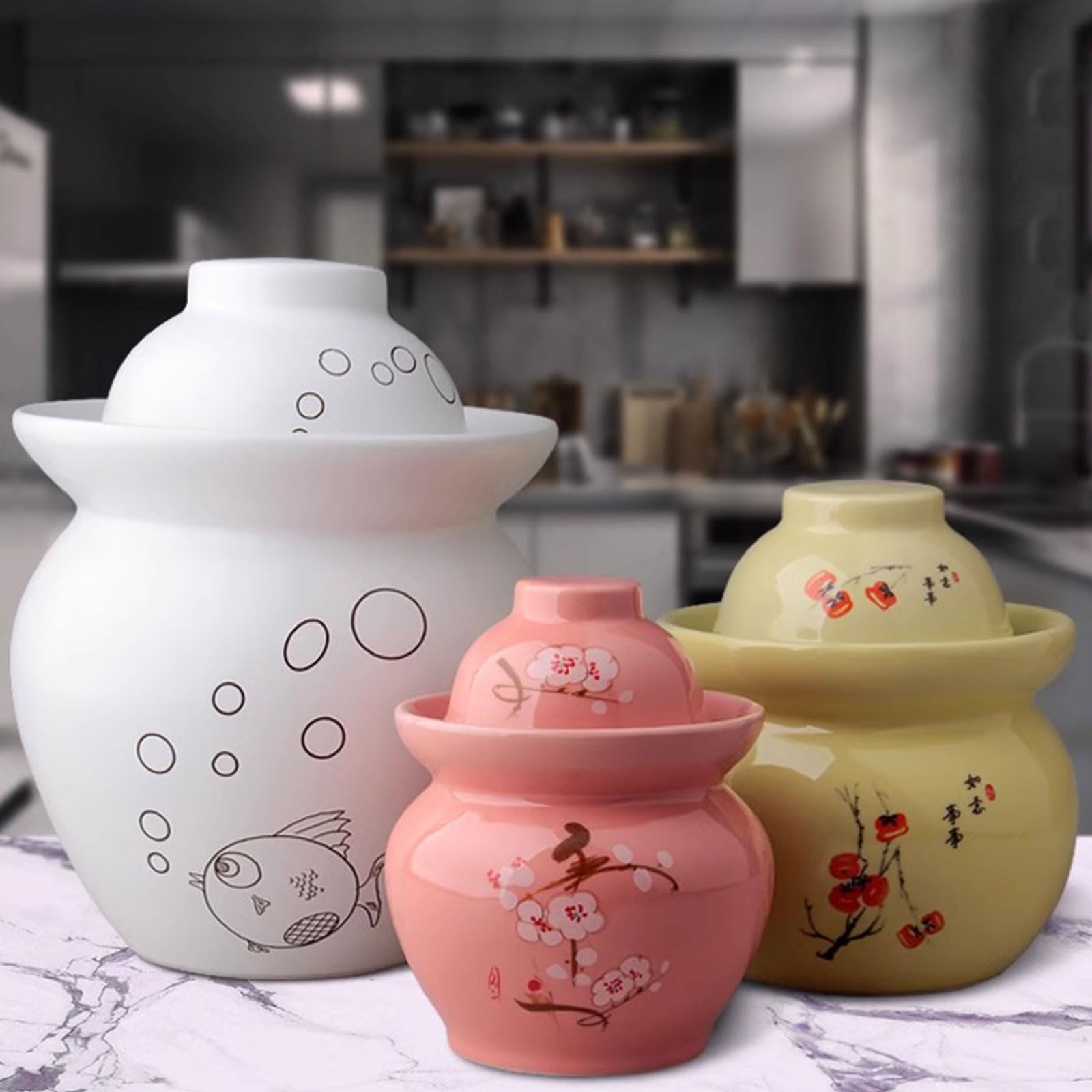 Vaso per sottaceti in ceramica, Barattolo for sottaceti in porcellana cinese tradizionale dipinto a mano, pentola for la fermentazione in ceramica, barattolo for la fermentazione con coperchio gorgogl