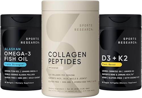 Sports Research Paquete de multivitaminas - Proteína hidrolizada de colágeno en polvo tipo 1 y 3, aceite de pescado omega-3 de abadejo de Alaska