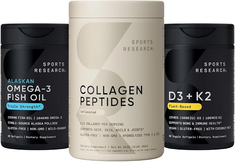 Sports Research® Multivitamins Pack - Hydrolyzed Type 1 & 3 Collagen Powder Protein, Wild Alaskan Pollock Omega-3 Fish Oil 1250mg & 5000 IU Vitamin D + 100mcg Mk7 Vitamin K