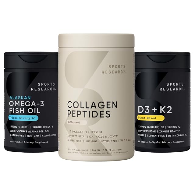 Sports Research Multivitamins Pack - Hydrolyzed Type 1 3 Collagen Powder Protein Wild Alaskan Pollock Omega-3 Fish Oil