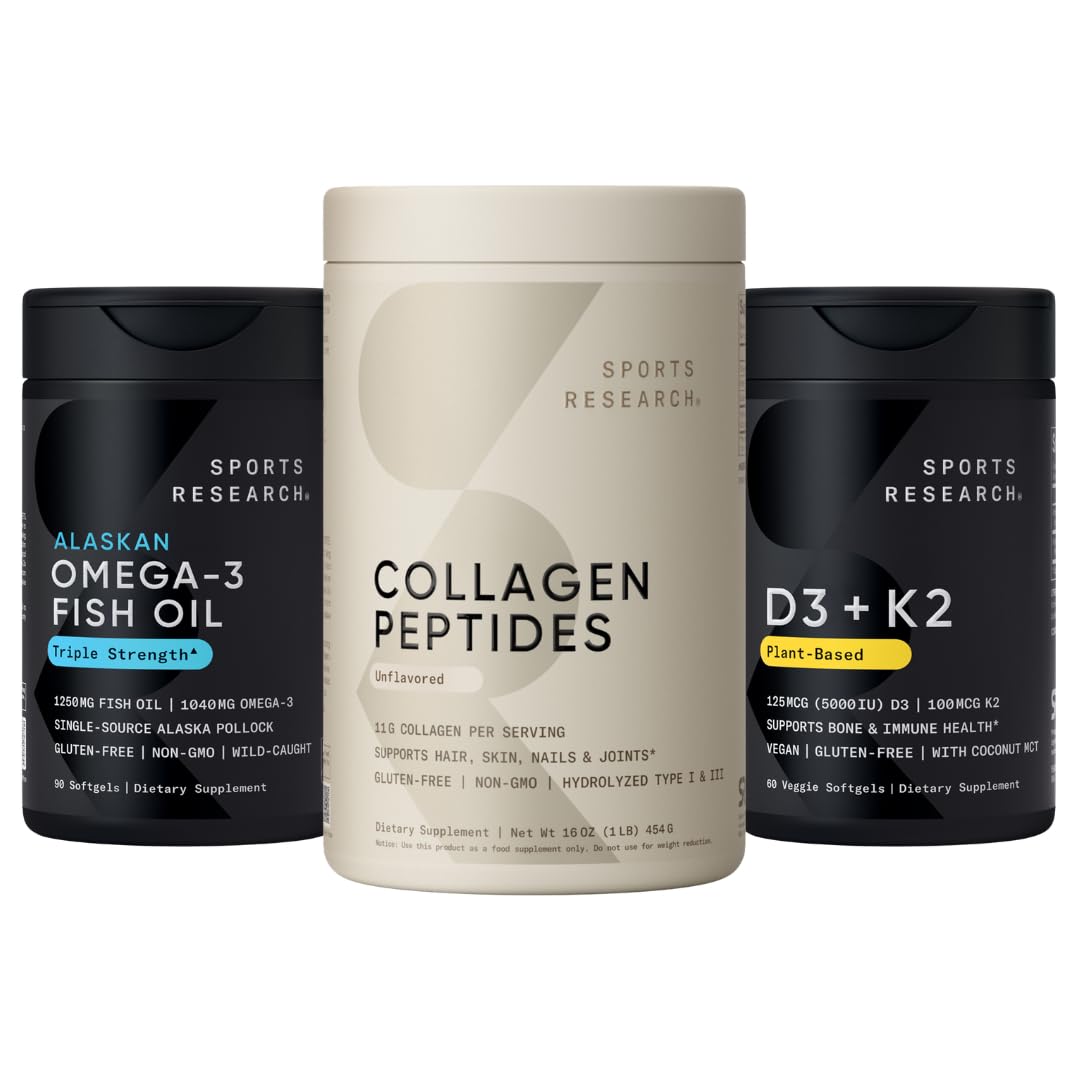 Sports Research Multivitamins Pack - Hydrolyzed Type 1 3 Collagen Powder Protein Wild Alaskan Pollock Omega-3 Fish Oil