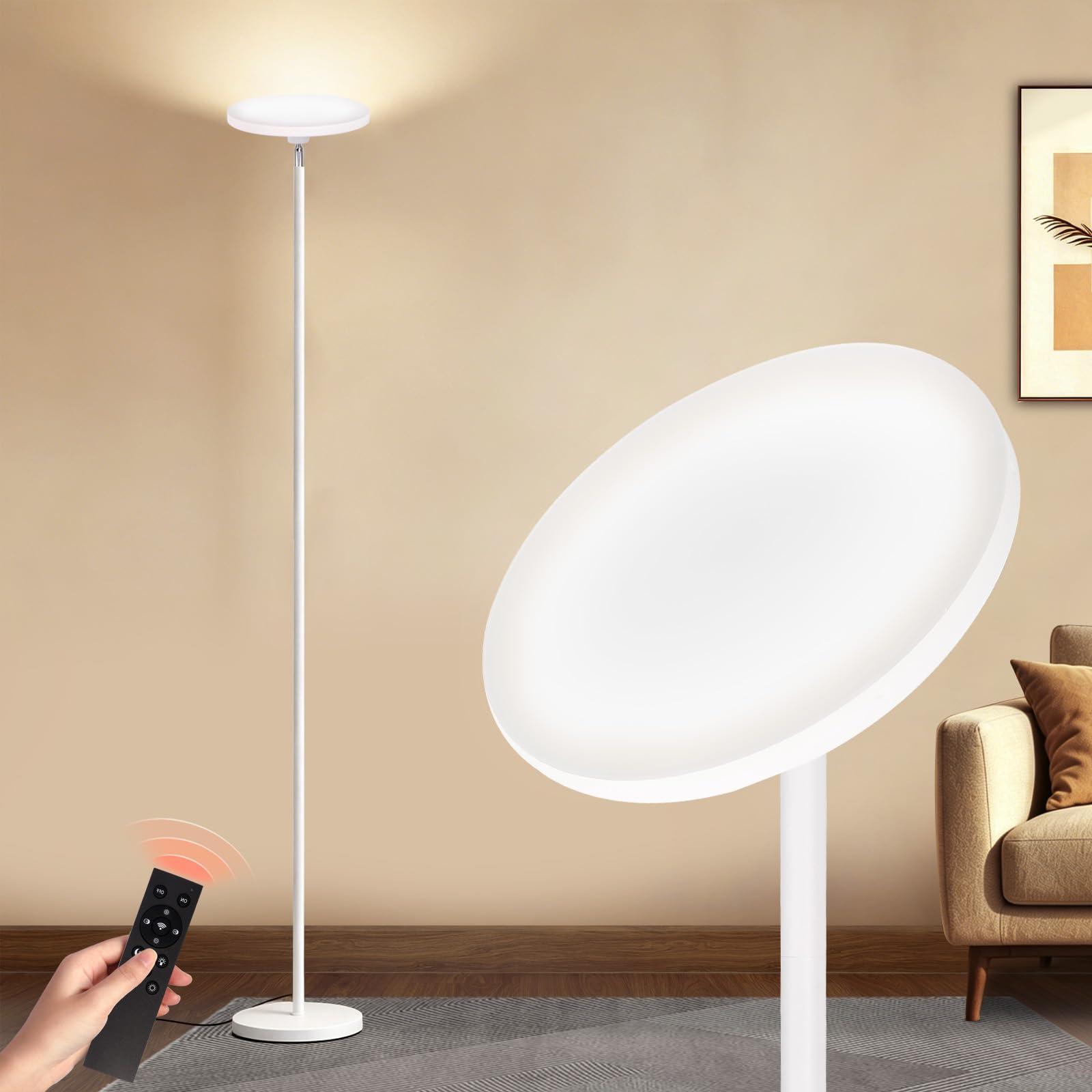 pekipe Floor Lamps for Living Room Bedroom Office,Uplighter Floor Lamp,Dimmable and Adjustable Color Temperature with Remote,Dimmable Standing Lamp,Tall lamp with Foot Switch(White)