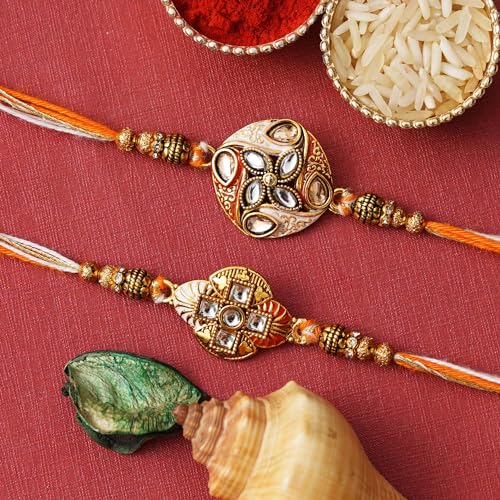 Image of eCraftIndia Multicolor Set of 2 Om Symbol and Peacock Designer Religious Rakhis with Roli Chawal Pack