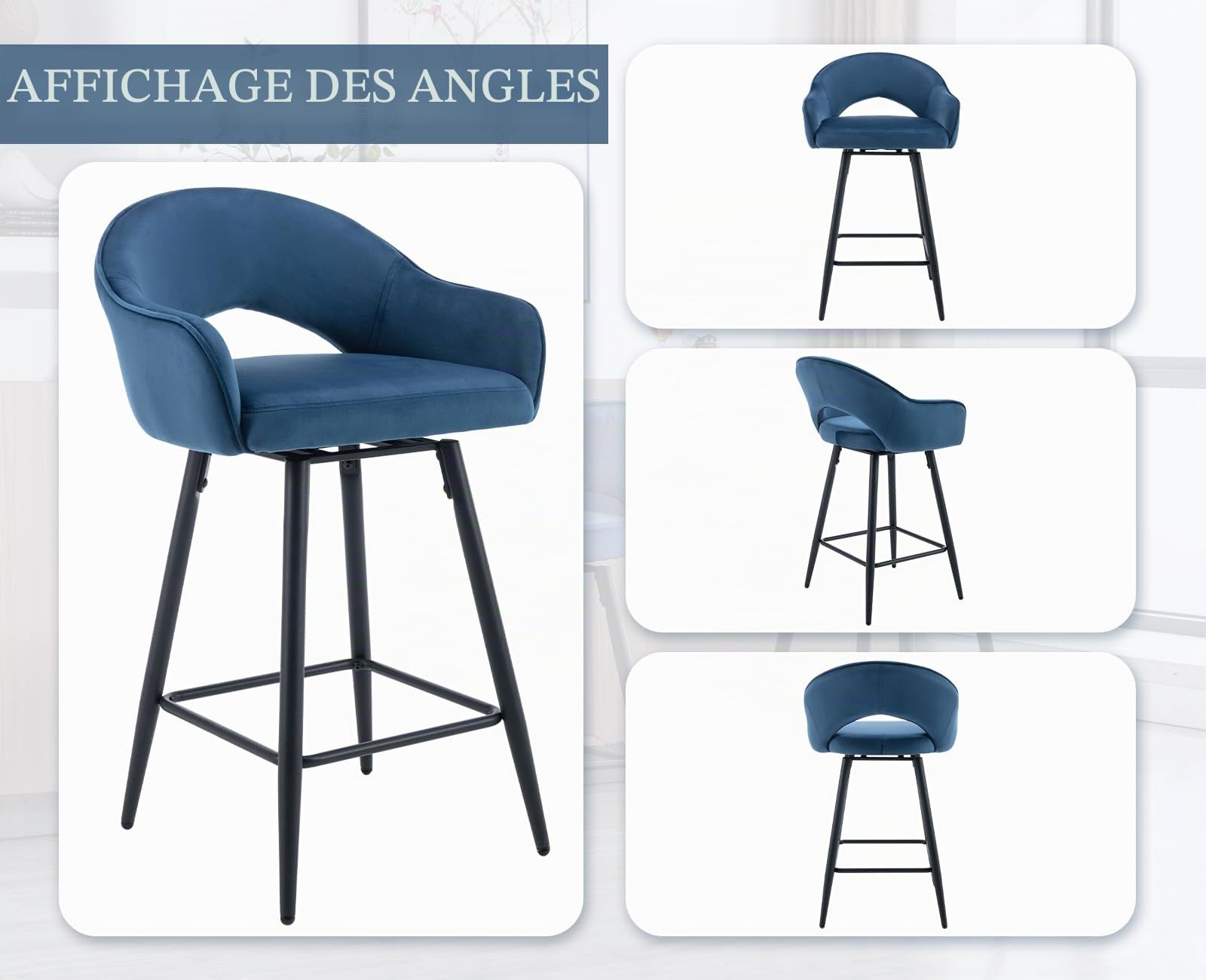 Ya-Home Chaise Bar Pivotant Lot de 2 en Velours, Bleu | Tabourets de Bar avec 4 Pieds en Métal, Tabouret de Comptoir Moderne, Chaises Haute pour Cuisine/Bar/Salon