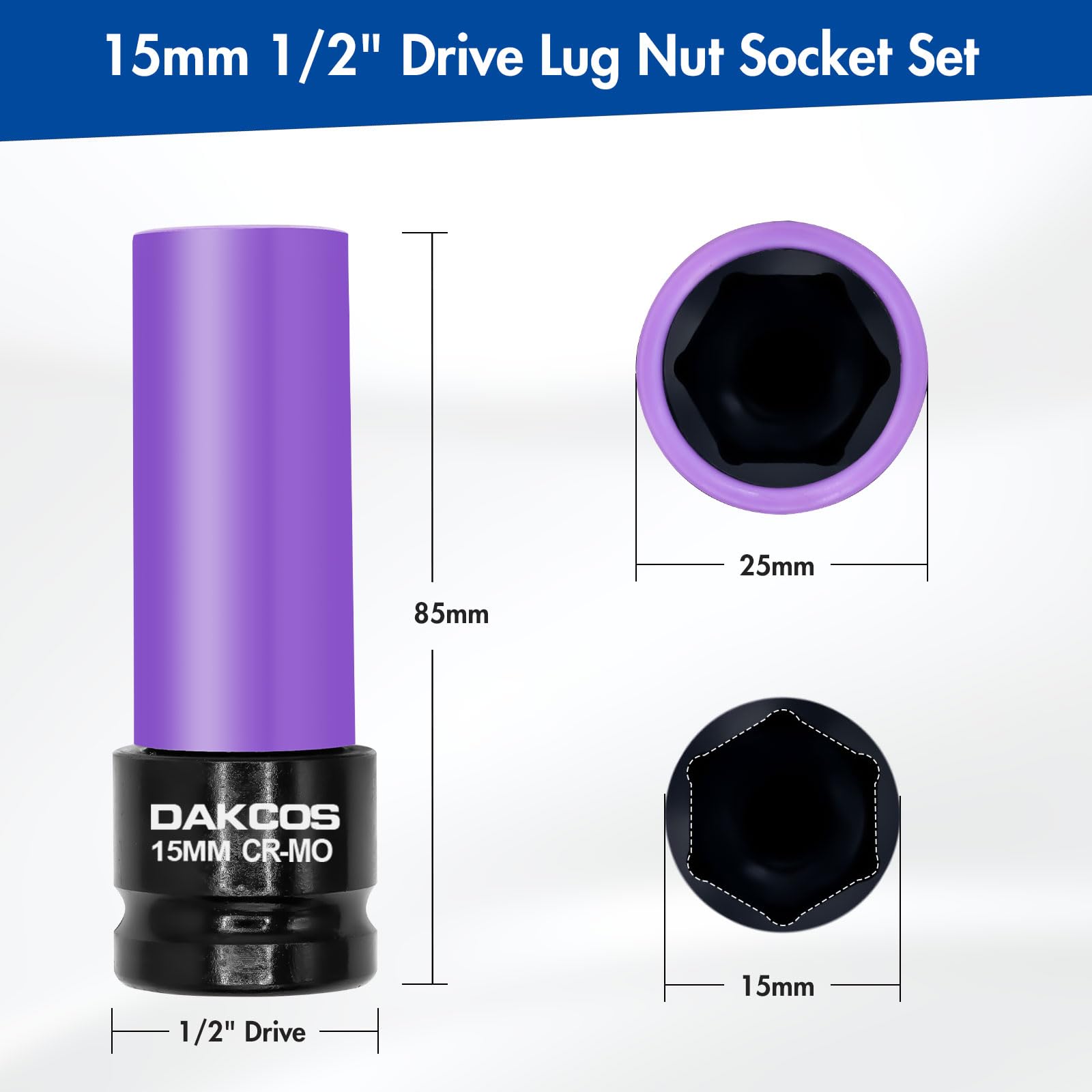 DAKCOS 15mm Impact Socket Set - 1/2 Inch Drive, 6 Point Cr-Mo Metric Protective Lug Nut Socket with Plastic Sleeve - Image 2