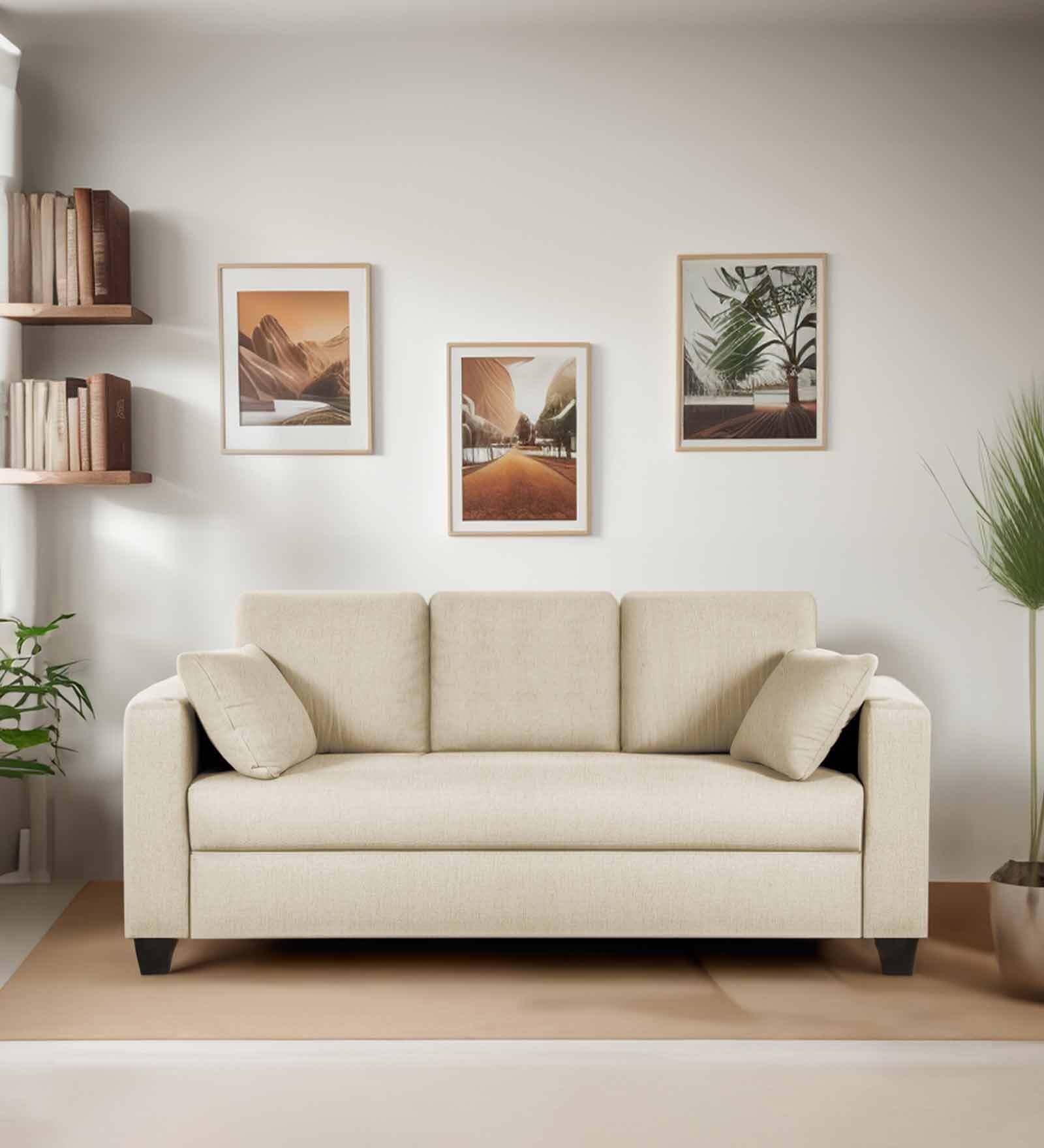 mintwud pepperfry upholstered 3 seater sofa set for living room home hall | wooden three-seater sofa couch furniture for office and lounge area (cream)