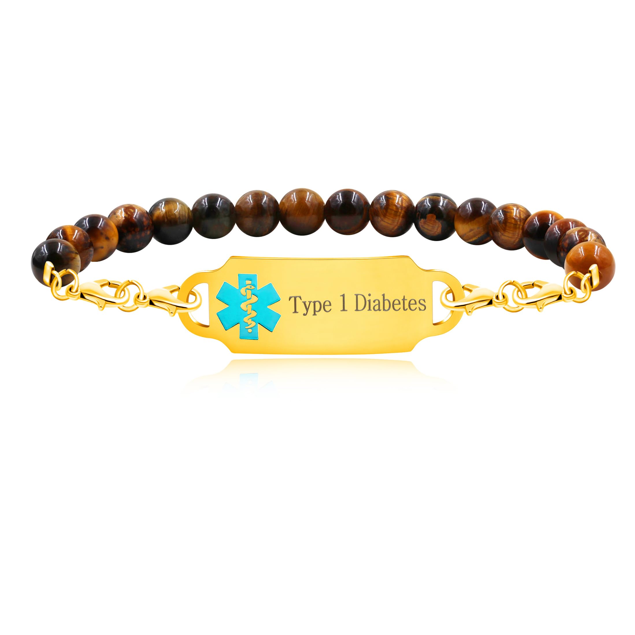 Handmade Tiger-Eye Stone Personalized Medical Alert Bracelet - Gold Color Custom ID Name Bracelet for Men Women Elderly First Aid Jewelry (YA5048)