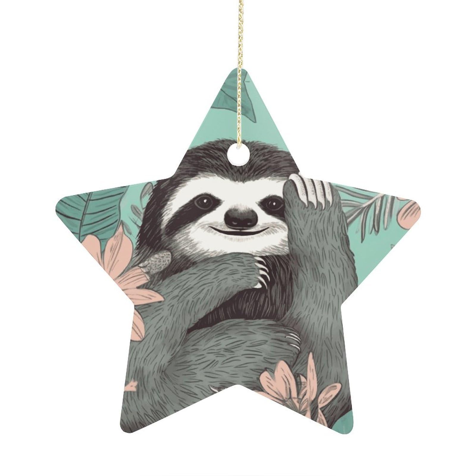 Animal Sloth Mint Green Stars Ornaments Ceramic Christmas Tree Hanging Light in Weight Christmas Star Pendants Funny Double-Sided Printed Xmas Ornaments for Gifts