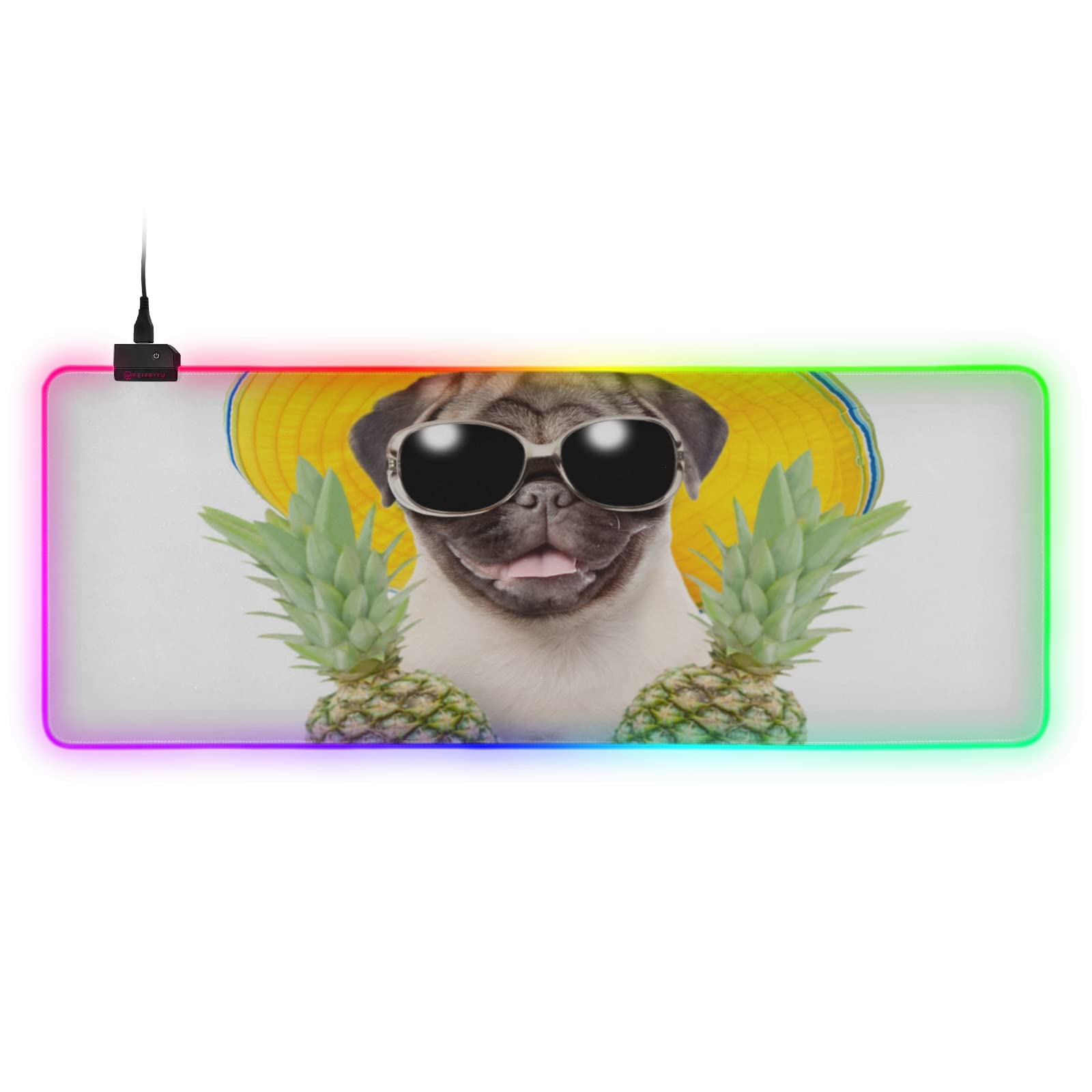 Large RGB Gaming Mouse Pad Funny Summer Dog Sunglasses Holding Pineapples Glowing Extended Mousepad 31 5x11 8in Soft