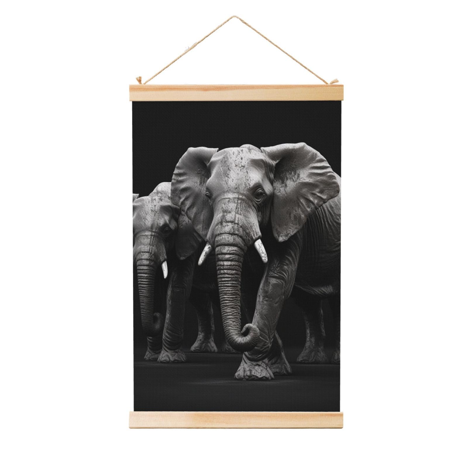 3D Gray Elephant Posters Wooden Shaft Hanging Poster Canvas Prints Scroll Wall Art Painting Vintage Wall Banner Modern Artwork Decor for Home Decor Ready to Hang 20"x30"