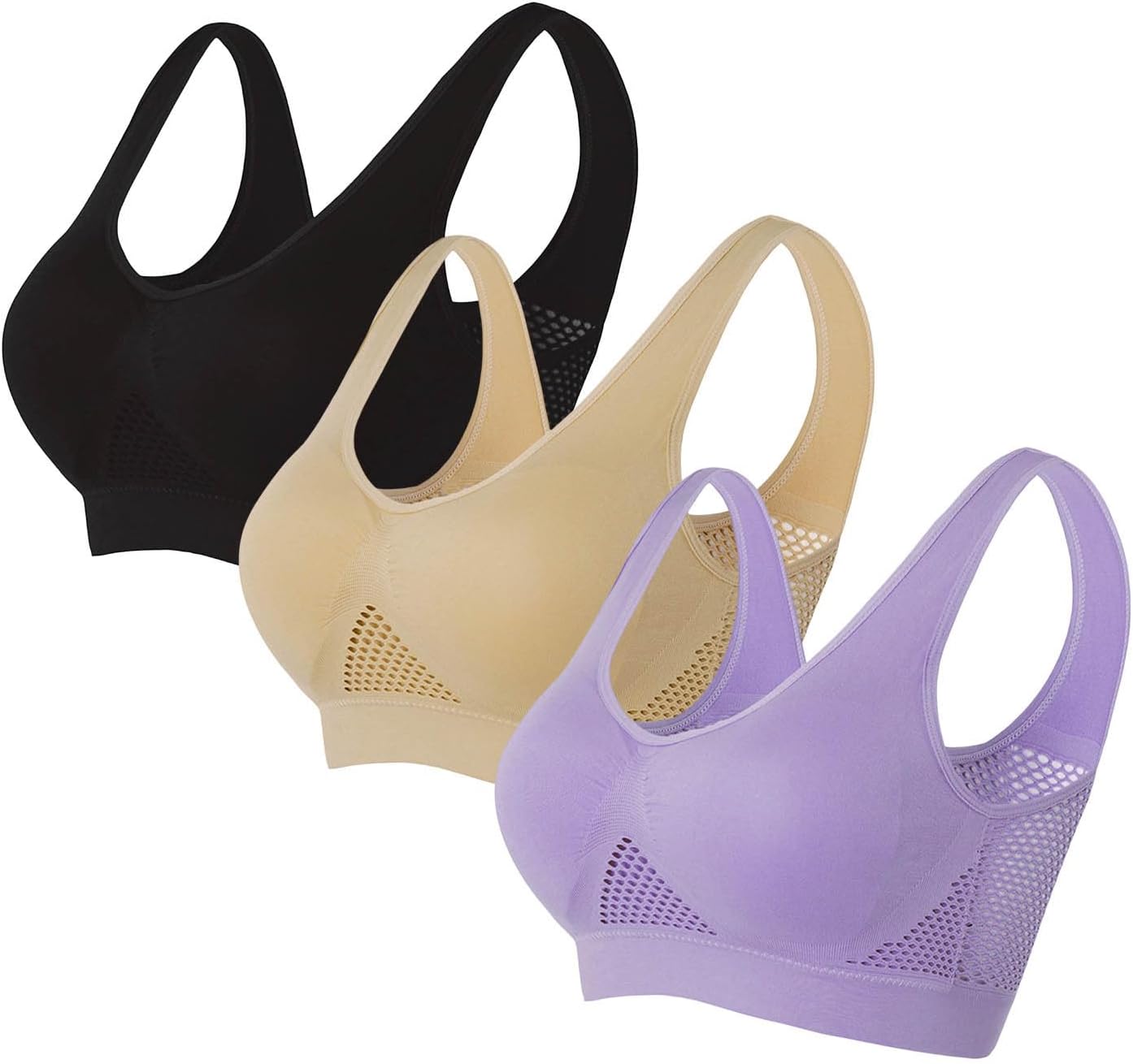 bmkBWO 3 Pack Sports Bras for Women Breathable Anti-Sagging Wireless Bras Plus Size High Support Cooling Lift Up Air Bra