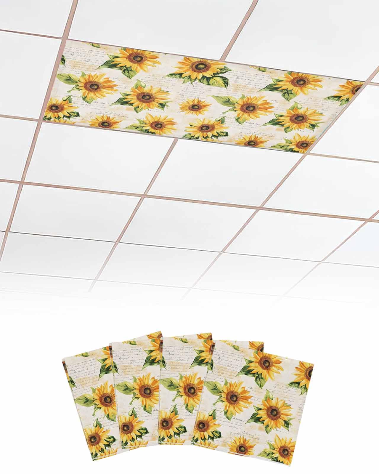 EwdeWwo Sunflower 4 Pcs Fluorescent Light Covers for Ceiling Lights, Retro Watercolor Flowers Farm Magnetic Light Filters for Eliminate Harsh Glare Classroom Office Decoration, 4 x 2 Ft