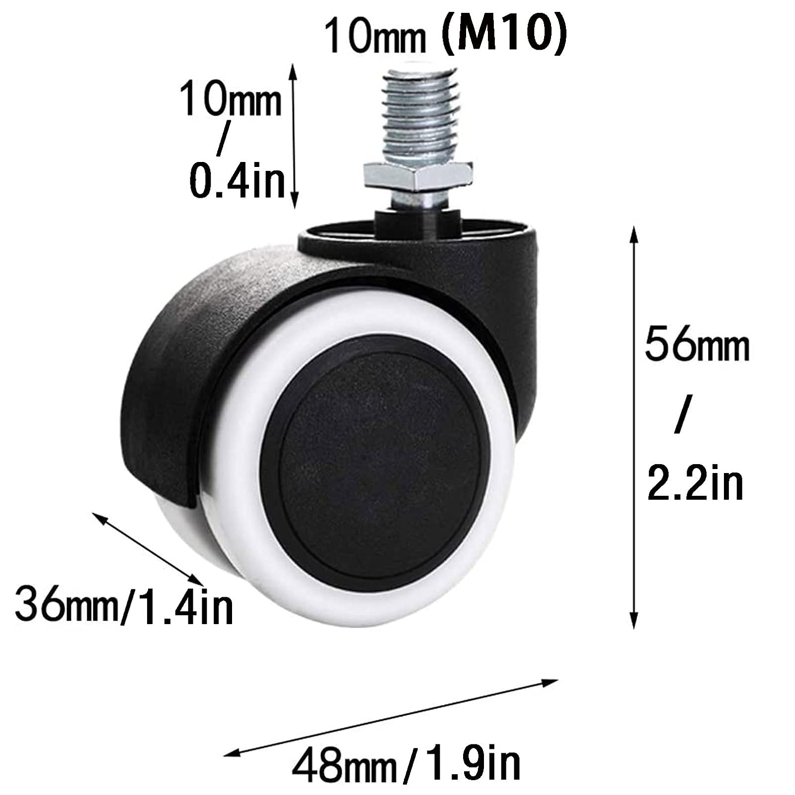 Ruote girevoli con Piastra Girevole, Confezione da 4, Ruote di Ricambio in plastica e Nylon per mobili, mobili, sedie da Ufficio, Stelo filettato metrico M10 x 10 mm per Sedia da Ufficio C