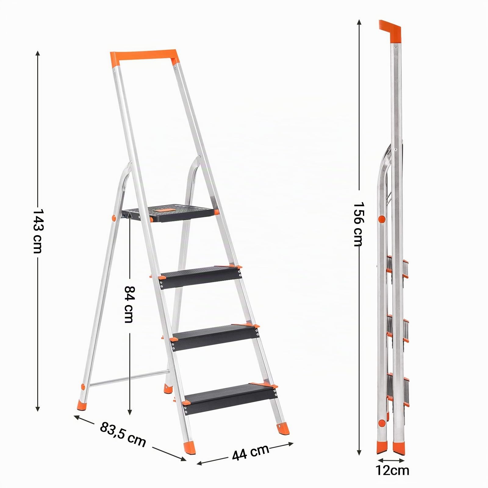 SONGMICS Escalera de 4 Peldaños, Escalera de Aluminio con Peldaños de 12 cm de Profundo, Plegable, Bandeja y Pies Antideslizantes, Carga de 150 kg, Negro y Naranja GLT04BK