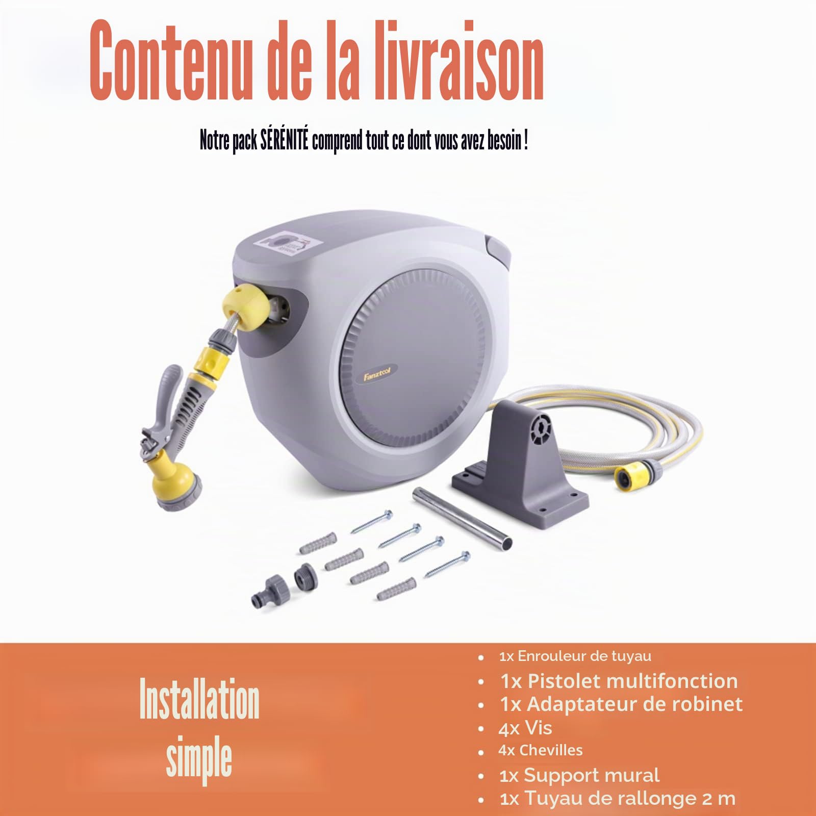 FANZTOOL Ensemble de bobine de tuyau de 35+2 m avec support mural, incluant une douchette multi-fonctions à 8 fonctions | Enroulement automatique | Pivotant à 180° | Tuyau de jardin certifié RoHS