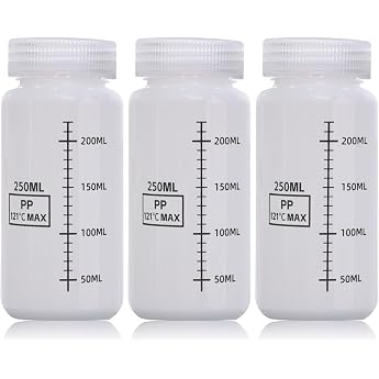 DKBT Pack of 3 Wide Mouth Bottles with Scale, 250 ml, Plastic Bottles, Empty Laboratory Bottle, Leak-Proof, Translucent HDPE 