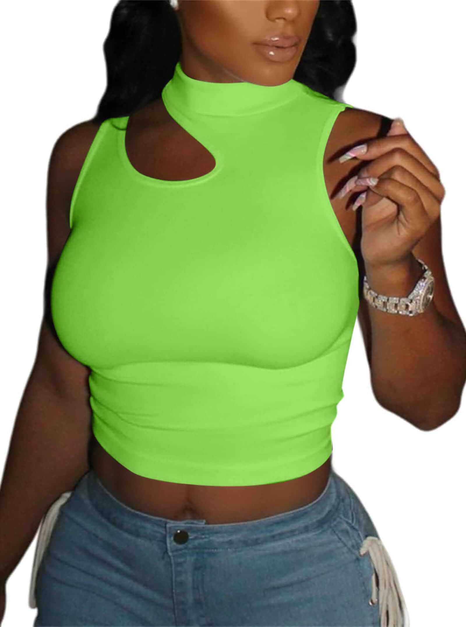 LovelyWholesale Crop Tops for Women Sexy Cut Out Tops Mock Neck Tank Top Sleeveless