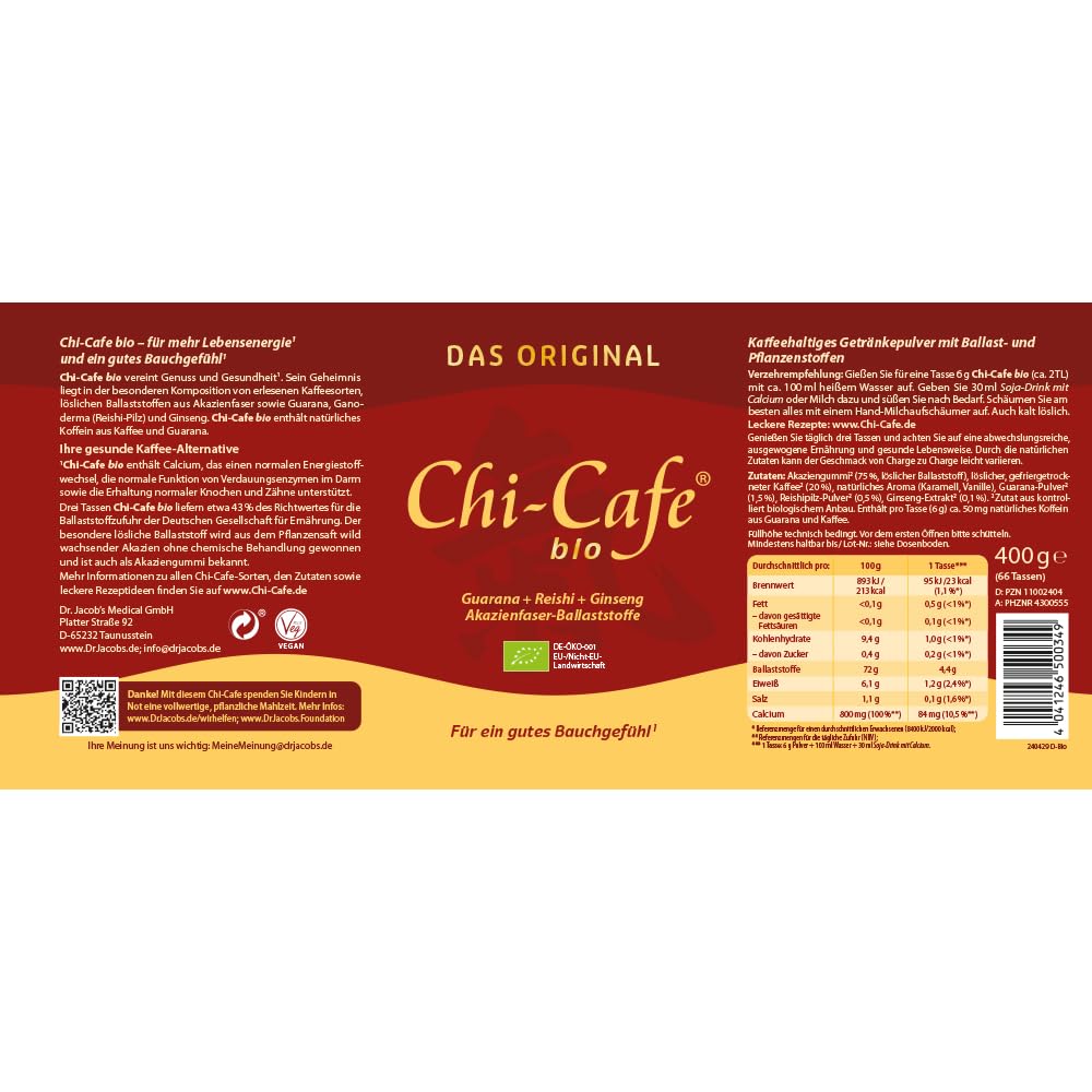 Chi-Cafe bio I 400 g Wellness Kaffee Getränkepulver mit Akazienfaser-Ballaststoffen I für eine gute Verdauung¹ I Reishi-Pilz, Ginseng und Guarana I cremig-mild, feine Karamellnote I vegan, 66 Tassen