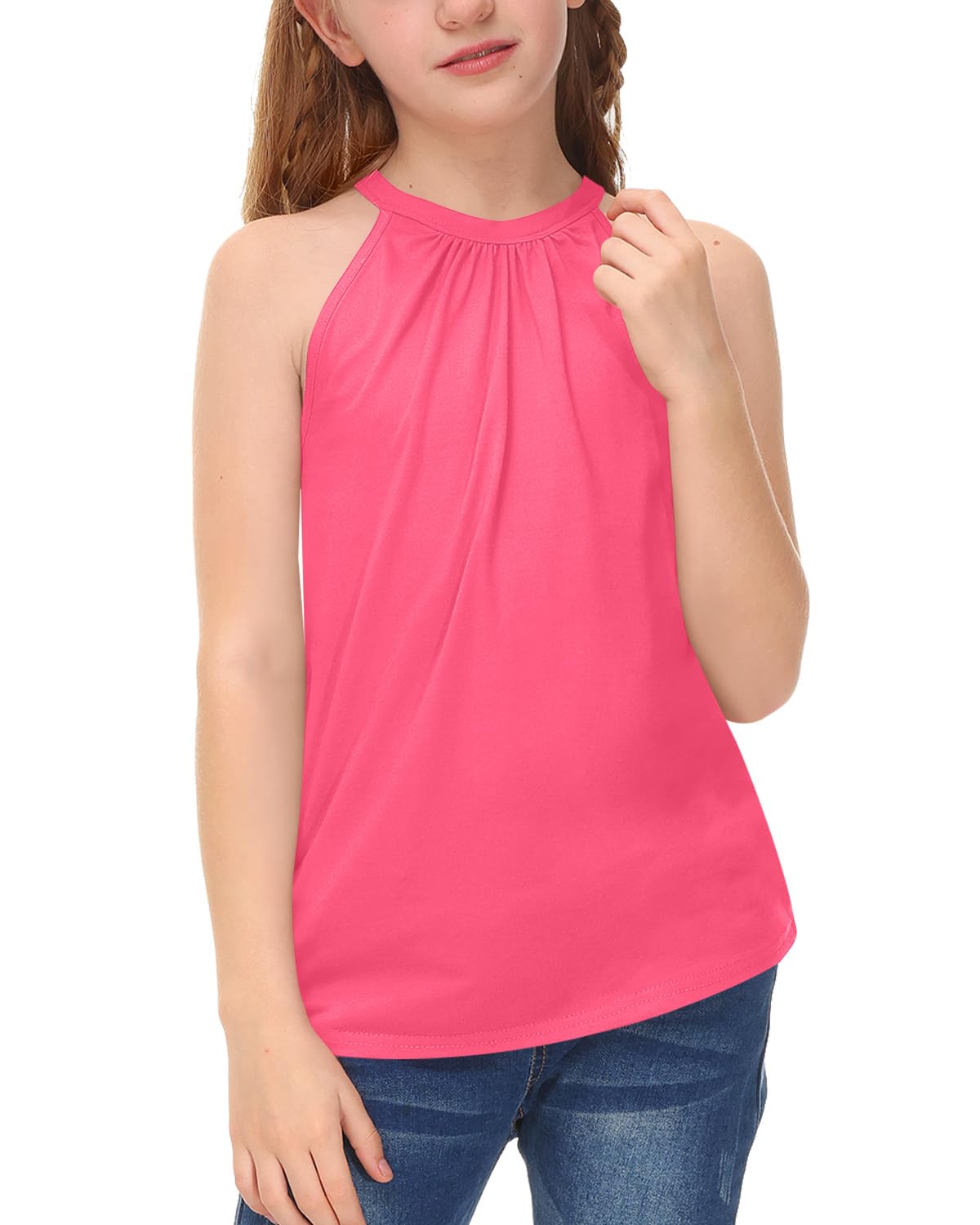 BesserBay Girls Summer Back Button Halter Neck Tank Top Cold Shoulder Casual Blouse Pleated Sleeveless Shirts 5-14 Years