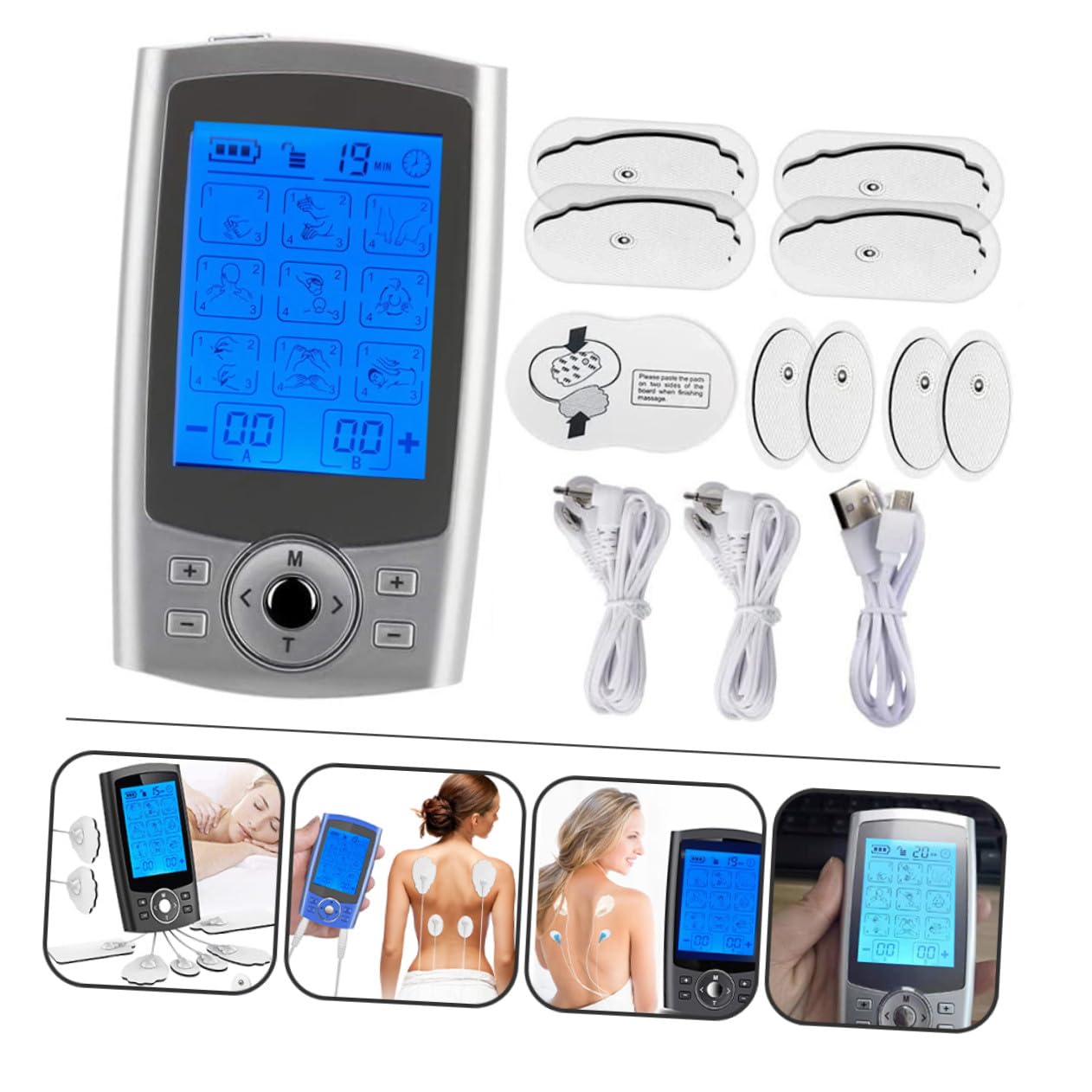 Yardwe Dispositivo de Electromasaje, Máquina de Masaje Muscular con 36 Funciones y 8 Parches de Masaje, Color Plata