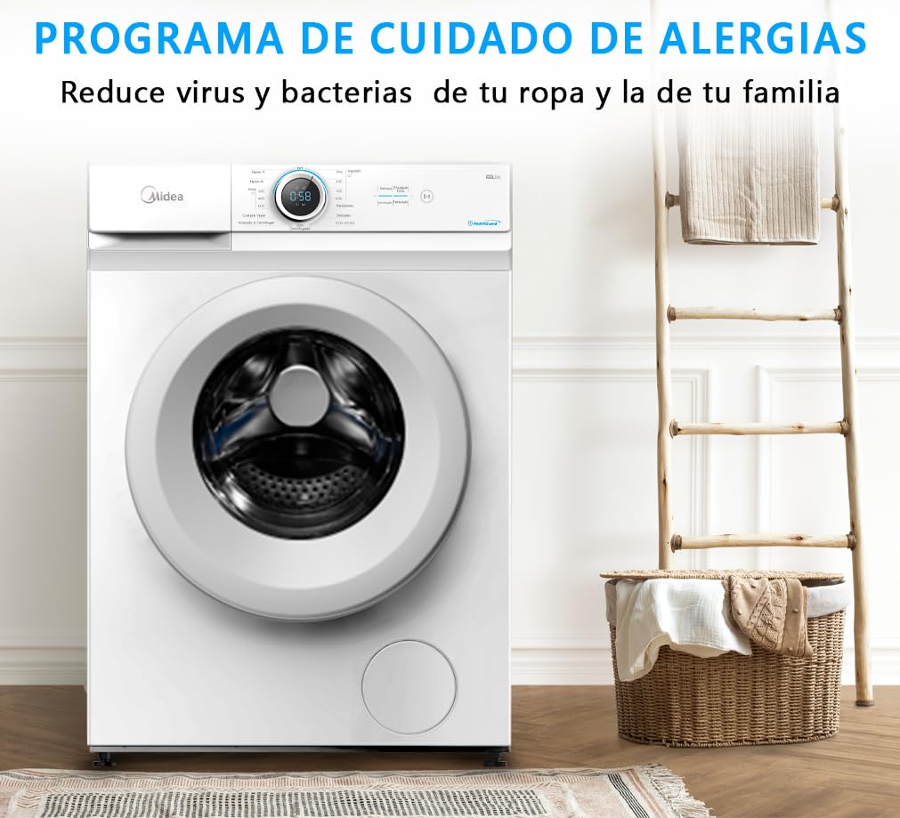 Midea Lavadora Carga Frontal 8kg de 1400 rpm y panel digital - Lavadoras con 15 Programas + Diseño Superior Ultra Slim - Maquina de Lavado de Libre Instalación - Función de Vapor y Modo Eco