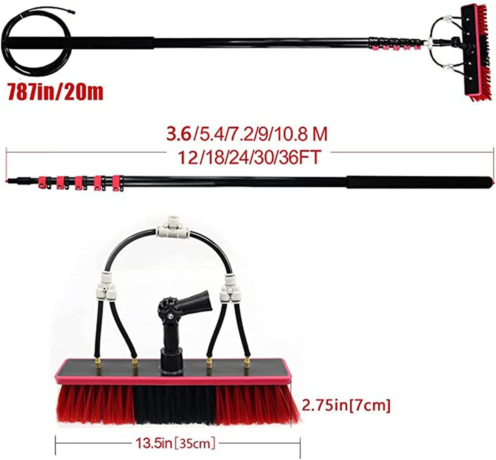 Kit De Cepillo De Limpieza Telescópico con Pértiga De Alimentación De Agua, Pértiga De Extensión De 7,2 M Y Kit De Limpieza De Paneles Solares Y Ventanas De Camione,55cm Brush Head-9M/30FT