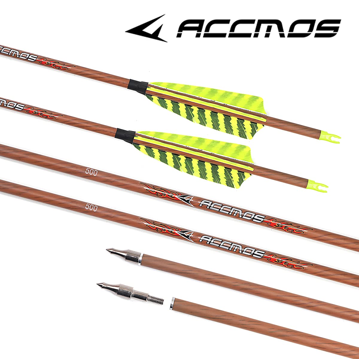 ACCMOS ID 6,2 mm Grana del Legno Frecce in Carbonio 4" Strisce Gialle Piuma Spine 350 400 500 600 700 Frecce da Caccia per Tiro con L'Arco 6 Pezzi (31inch, Spine 600)
