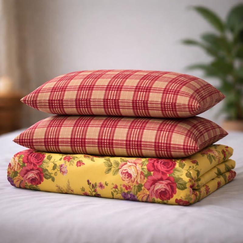 Image of Utopia Bedding Poly Cotton Floral Double Size Bedsheet Set with Bedsheet & 2 Pillow Covers, Ultra Soft Cotton(TAN) 228x245 CM