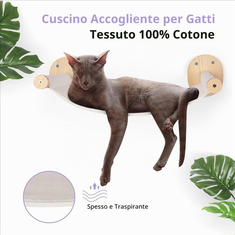 Parete Per Gatti Con Zona Notte, Amaca Legno Naturale, Tiragraffi Sisal - Ultra Stabile Per Gattini (3 Pcs)