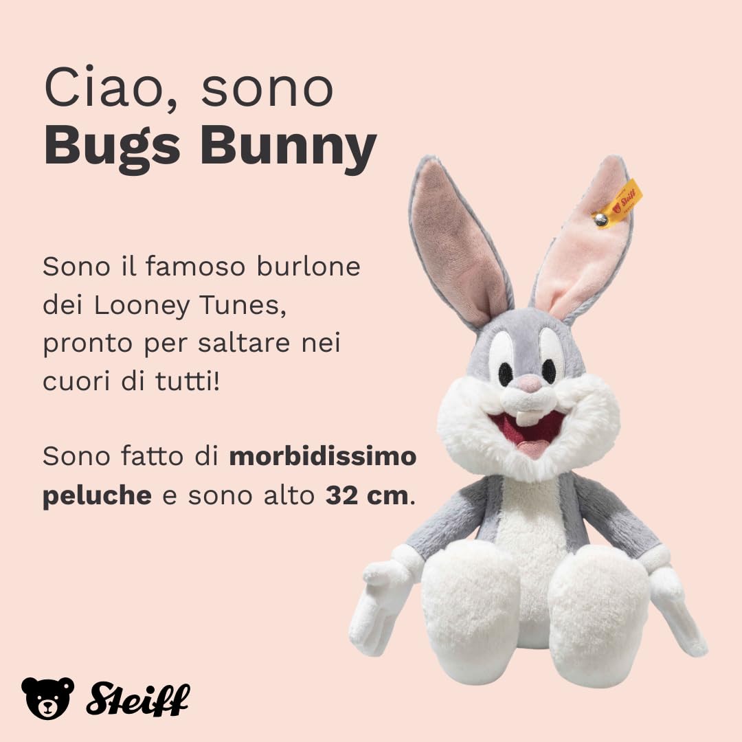 Steiff Peluche Bugs Bunny, dolce animale di stoffa per bambini, ragazzi e ragazze, Friends, pupazzo di 32 cm, grigio, 024672