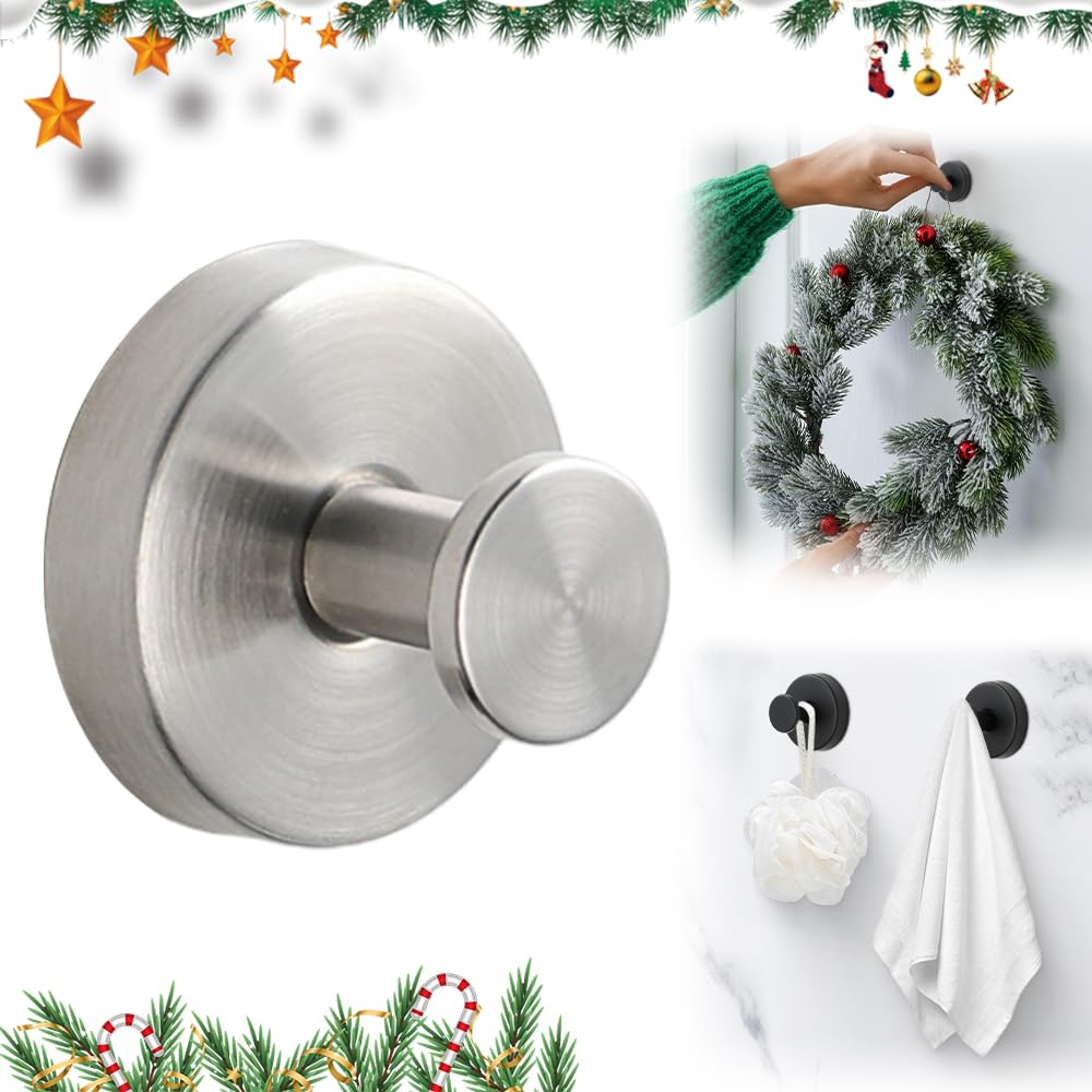 2025 Upgraded Suction Cup Hooks, Suction Cup Hanger for Wreaths on Glass, No-Drill Stainless Steel Waterproof Hooks for Shower Bathroom (Silver, 1 PCS)