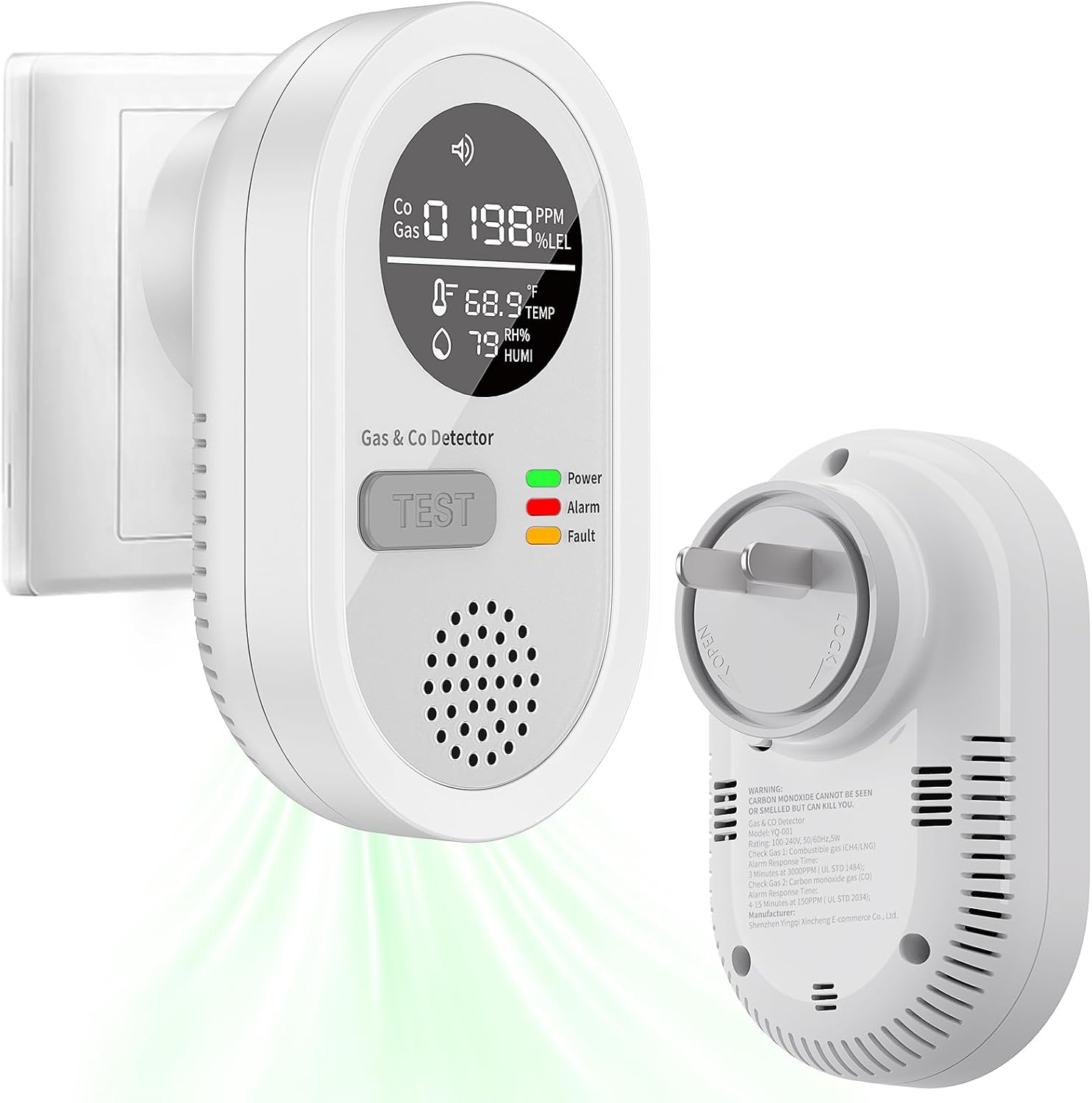 Carbon Monoxide Detectors, Plug in CO and Natural Gas Detector, Combination Gas & Carbon Monoxide Detectors with Alarm - Portable 4 in 1 CO & Gas Detector with Temperature/Humidity for Home/Travel/RV GAS&CO / 1 Pack-White