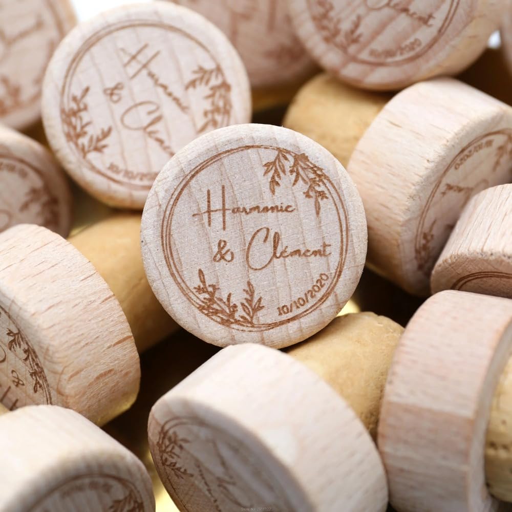Tapones de vino personalizados para bodas, regalos de boda, tapones de botella de vino, regalos de novia, despedida de soltera, tapón de corcho personalizado (100 unidades, 2,8 x 3 x 1,8 cm)