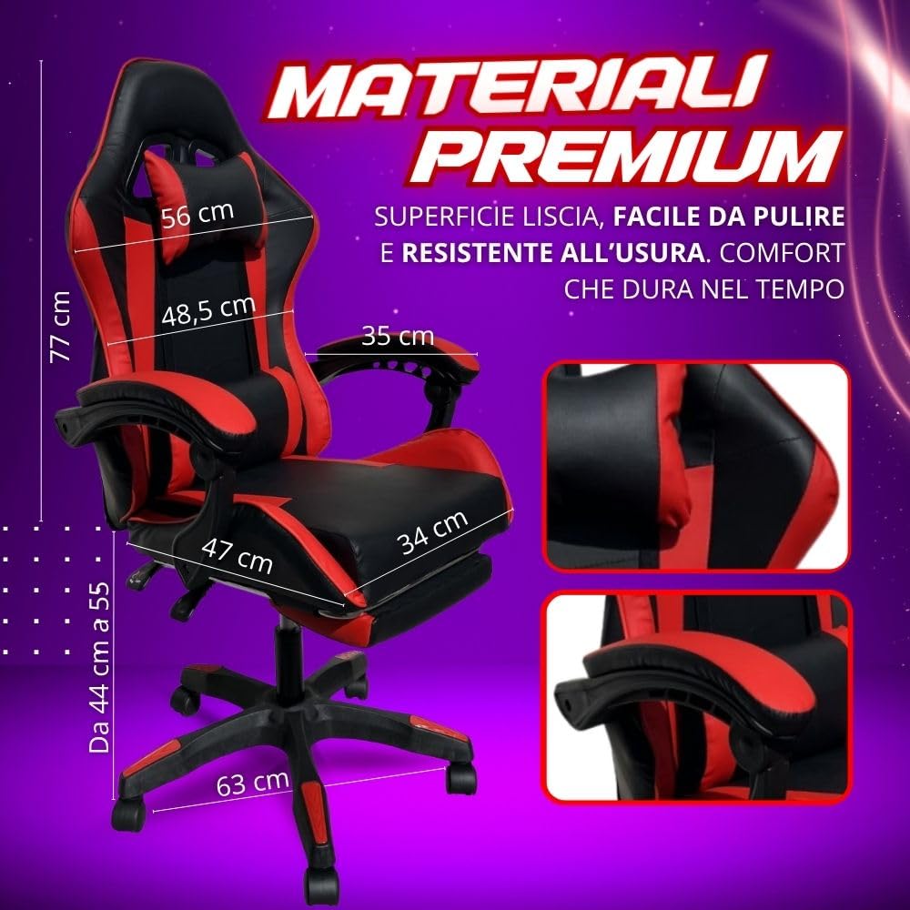 Sedia Gaming Ergonomica Reclinabile fino a 135°, con Poggiapiedi, Supporto Lombare e Poggiatesta, Rotazione 360°, Pistone a Gas, Pelle Sintetica Nera – Sedia Gaming Rosso/Nera