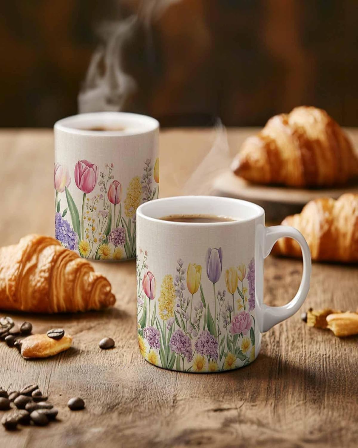 BEMIGO Ceramic Coffee Mug Spring Tulips Flower Ceramic Mug White Cup, Wildflower Plant Insulated Coffee Cup with Handle with Pattern Perfect for Tea and Hot Beverages, 12oz