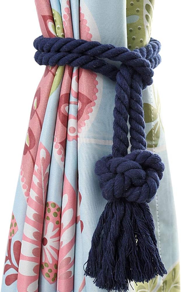 Melanovo 2 Pack Curtain Tiebacks, Handmade Natural Cotton Rope and Round Finial Drapery Tie Bakes, Decorative Holdbacks Holders for Window Sheer and Blackout Panels (Navy Tassel)