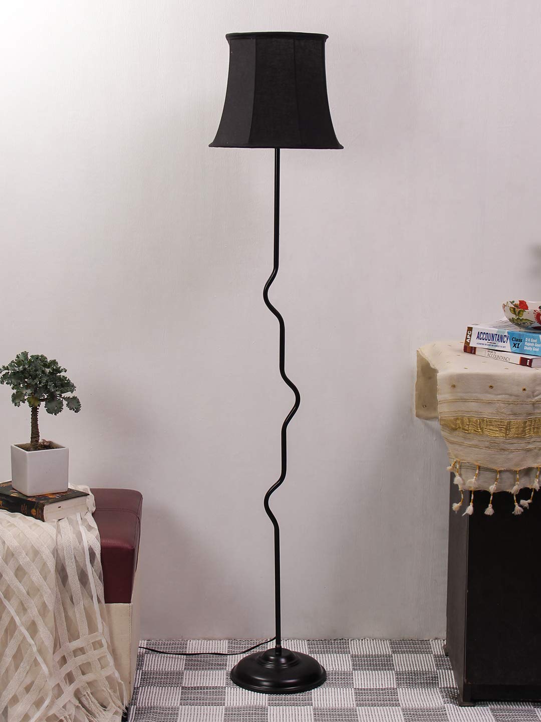 Devansh Soft Back Black Cotton Shade Floor Lamp with Black Base 1