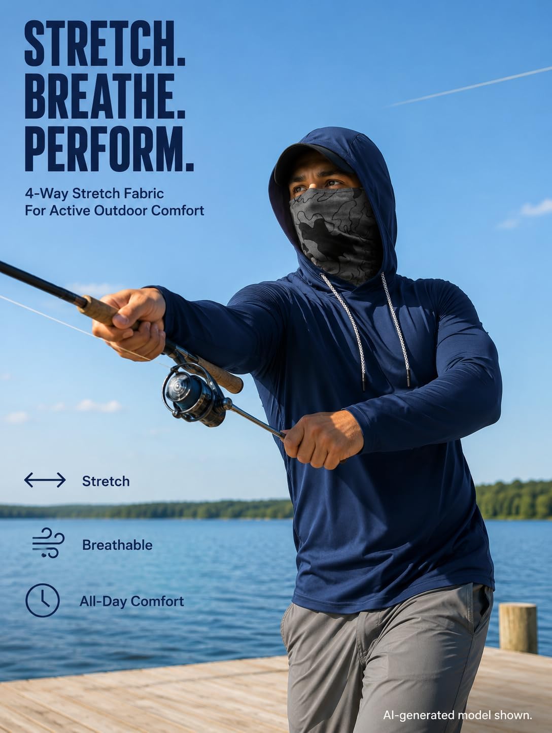 5-Pack Men's UPF 50+ Sun Shirt with Hood and Face Mask, Fishing Hoodie | 5-Pack Value:Black,white,grey,green,navy blue shirts.Practical 5-piece pack for daily outdoor work or fishing trips.