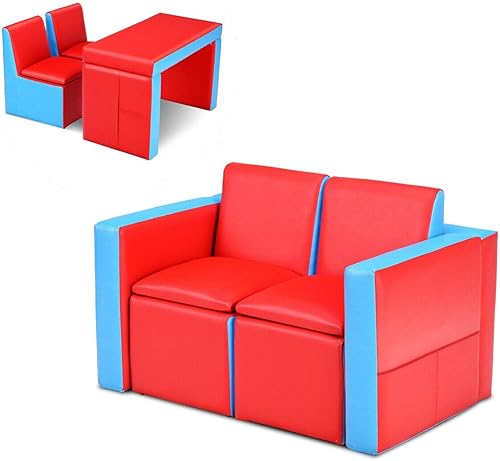Miniatura 10 de Costzon Sofá para niños, asiento doble 2 en 1, sofá infantil convertido a mesa y dos sillas para la escuela, espacio de almacenamiento, superficie