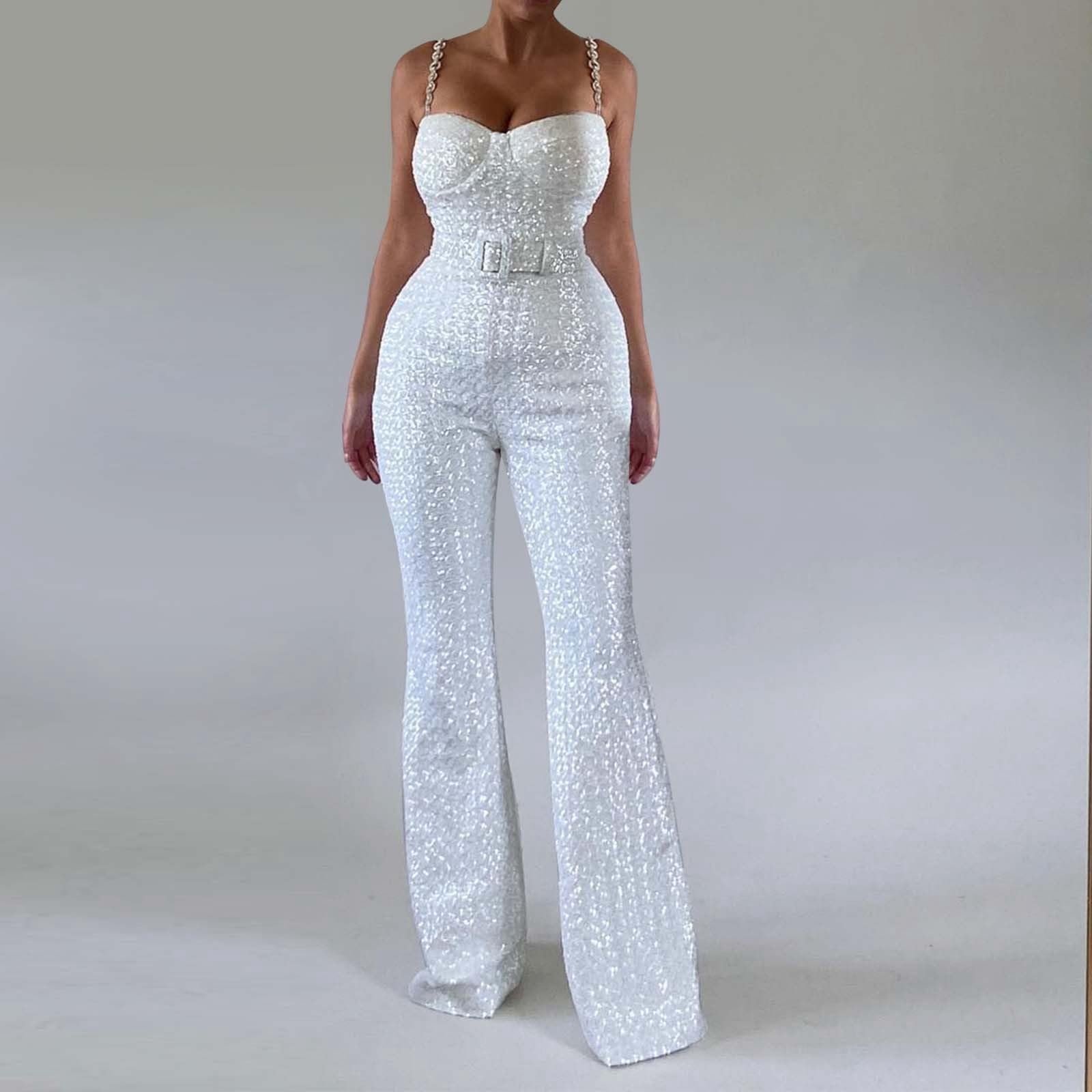 Pailletten Overall Damen Rückenfrei Bodysuit Sexy Stringbody mit Gürtel Weites Bein Strampler Elegant Einteiler Casual Body Bequemer Onesie Party Outfit