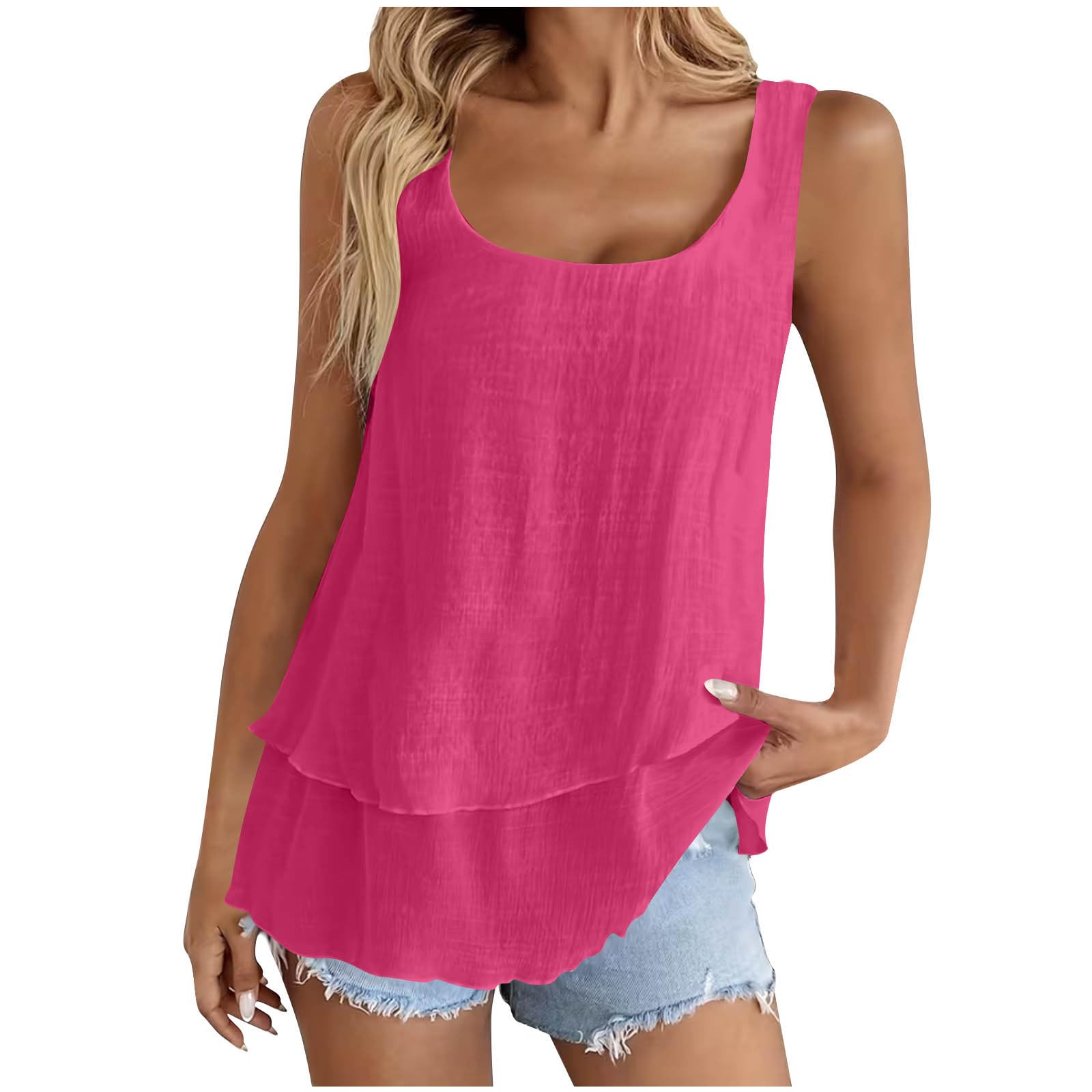 Tank Top Damen Sommer,V-Ausschnitt Doppelter Saum Leinenbluse Elegante Ärmellose Shirts Leinenshirt Baumwolle Einfarbige T-Shirts Basic Blusentop Musselin Tanktops für Urlaub Strand