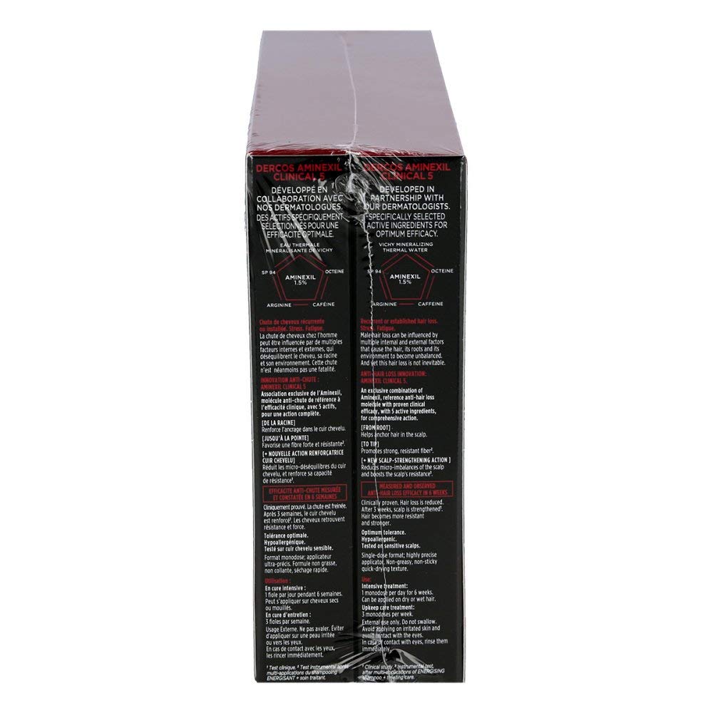 Vichy Dercos Aminexil Intensive 5 Uomo, Trattamento Anti-Caduta Multi-Azione, Fiale Monodose, Per Tutti i Tipi di Capelli, Effetto Rinforzante, Con Aminexil, Arginina, SP94, Vitamine PP-B6, 21x6 ml